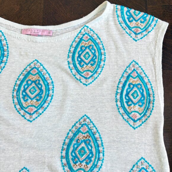 Calypso St. Barth Blue Beaded Embellished Diamond Linen Top Boat Neck Size S - Picture 4 of 8